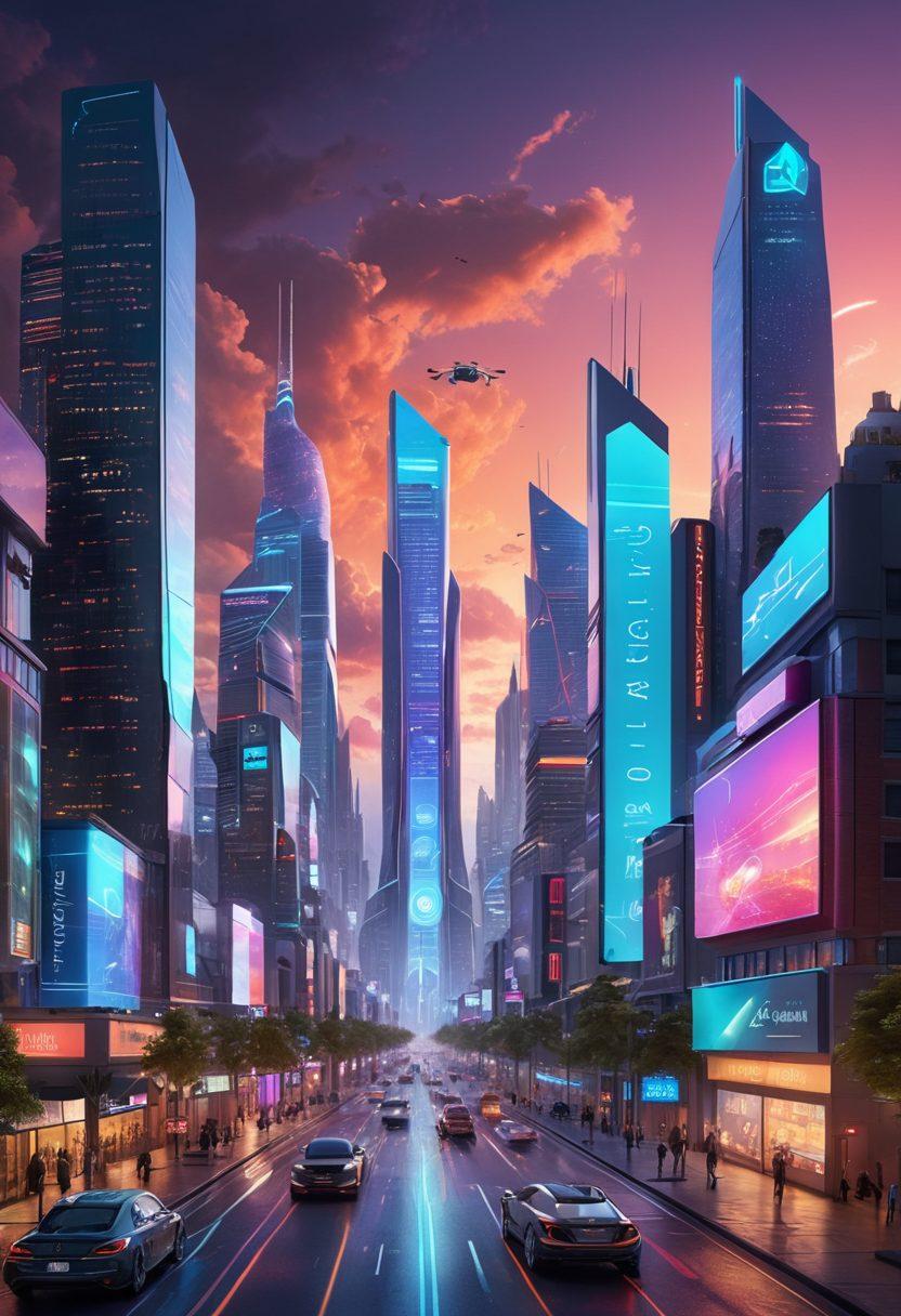 A futuristic cityscape representing the evolution from traditional hardware devices to sleek digital interfaces, featuring holographic displays, autonomous drones, and smart homes. The skyline should blend elements of retro electronics with modern designs, showing innovation and connectivity. Bright colors and dynamic technology elements should create a vibrant atmosphere. super-realistic. vibrant colors. 3D.