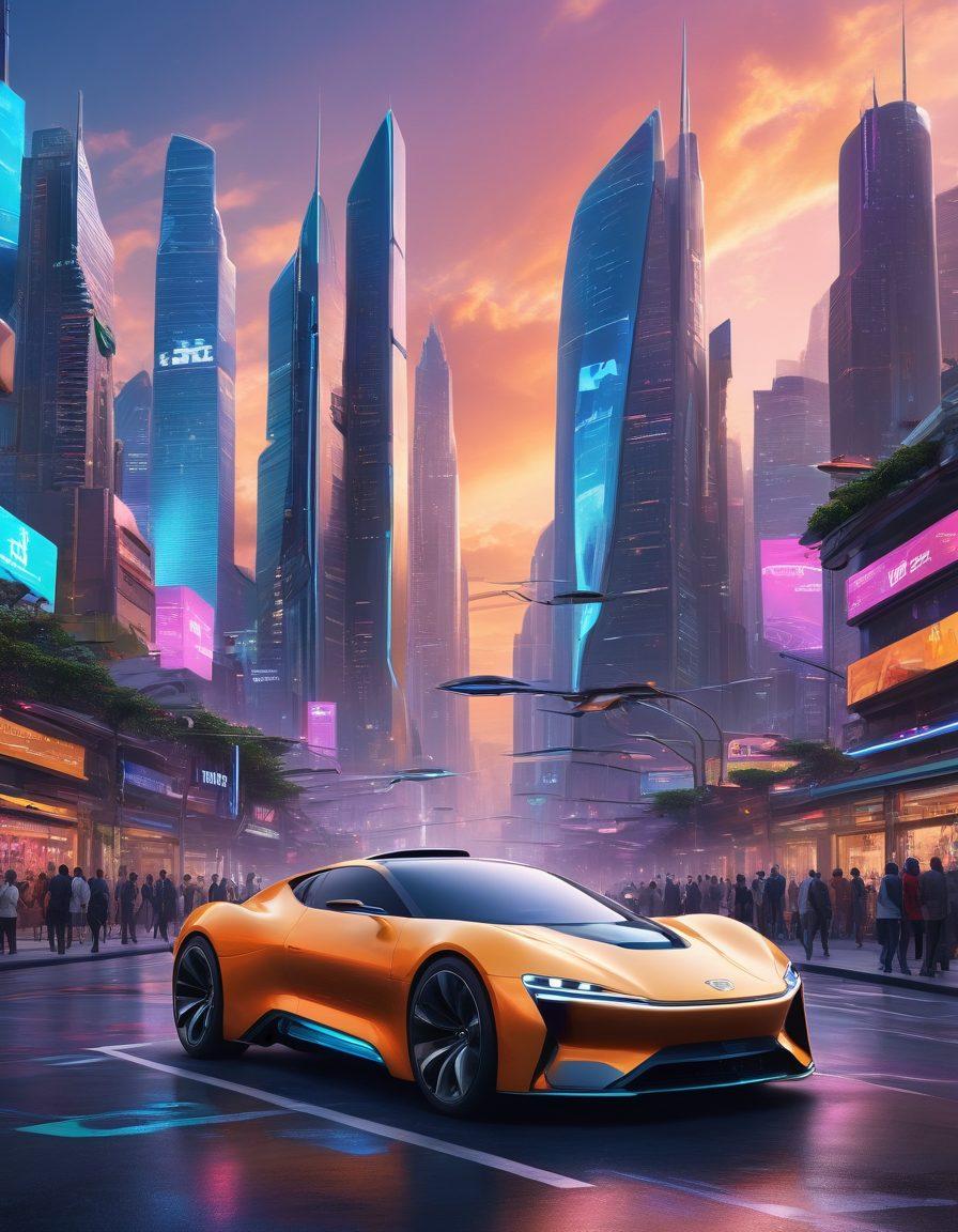 A futuristic city skyline filled with groundbreaking consumer electronics, featuring flying cars, holographic advertisements, and smart homes showcasing innovative technology. The scene should include diverse people interacting with advanced gadgets, emphasizing connectivity and a thriving digital environment. Use vibrant colors to capture the liveliness of a tech-driven future. 3D, cyberpunk style.