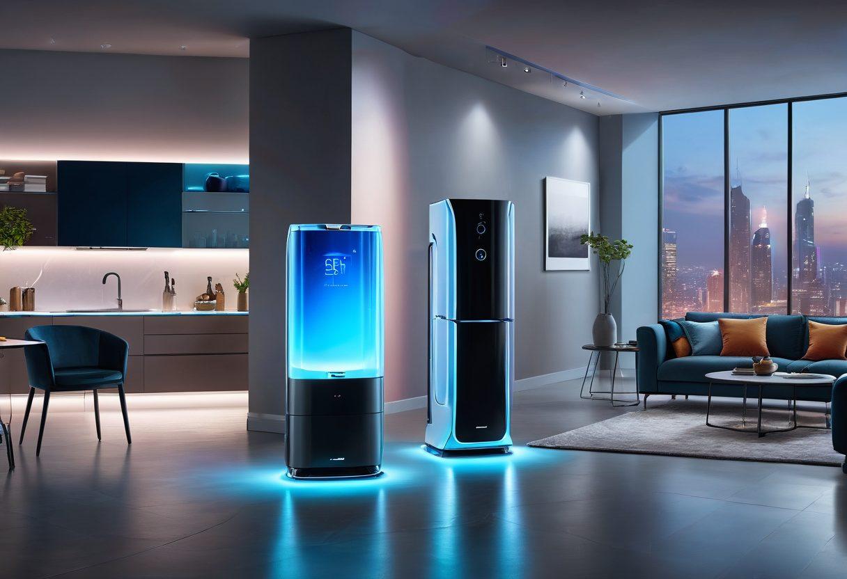 A futuristic living room featuring various smart devices like a holographic assistant, a sleek smart refrigerator with an interactive display, and an intelligent robotic vacuum. The environment is bright and modern with soft ambient lighting, showcasing innovative tech gadgets seamlessly integrated into everyday life. People of diverse backgrounds interact with the devices, illustrating the harmony between technology and lifestyle. super-realistic. vibrant colors. modern decor.